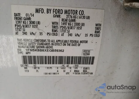 2014 Ford Explorer z USA, uszkodzony, nr VIN 1FM5K8B8XEGB59362